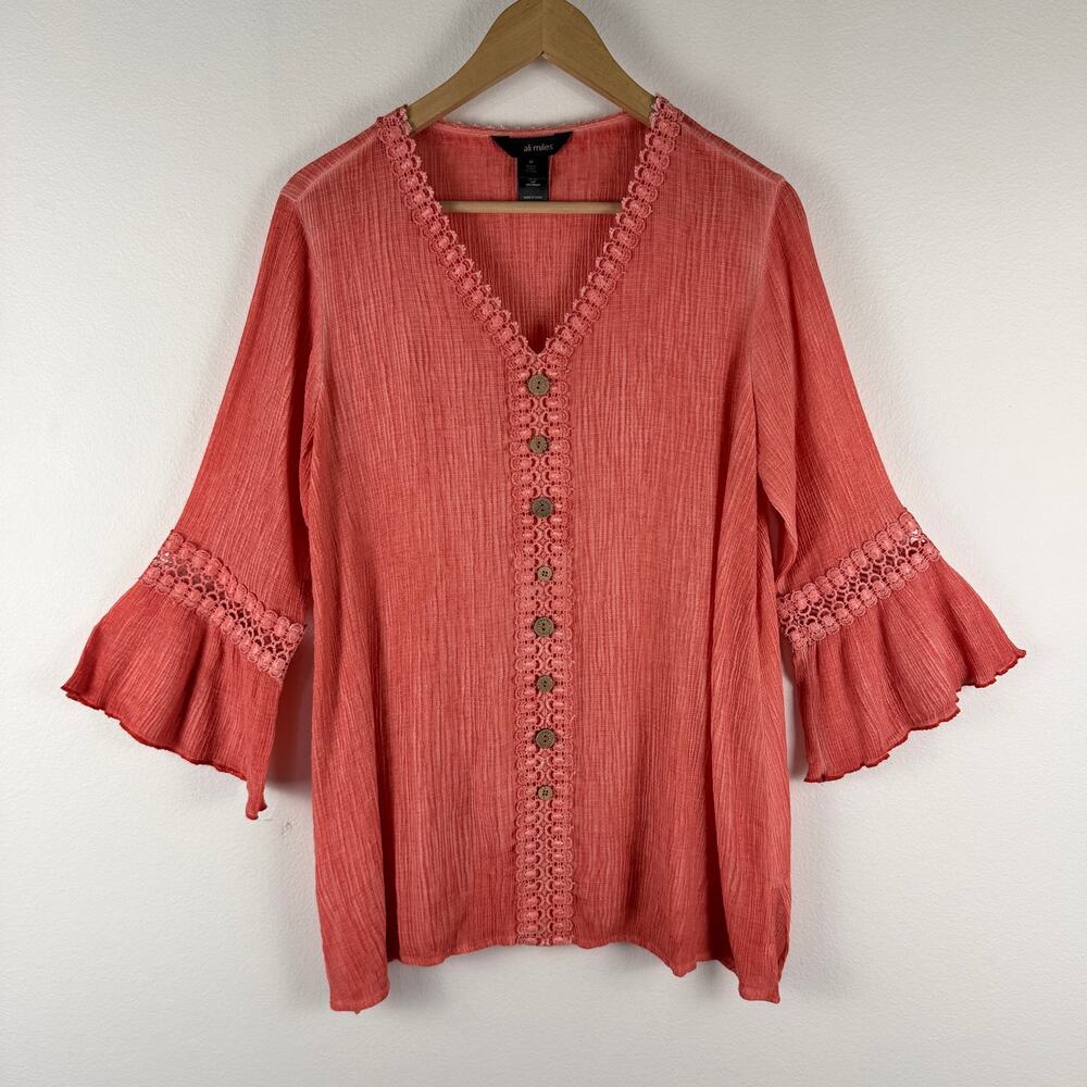 Ali Miles Crinkle V Neck Top Blouse Flounce Sleeves Ruffle Cuff Women's Medium